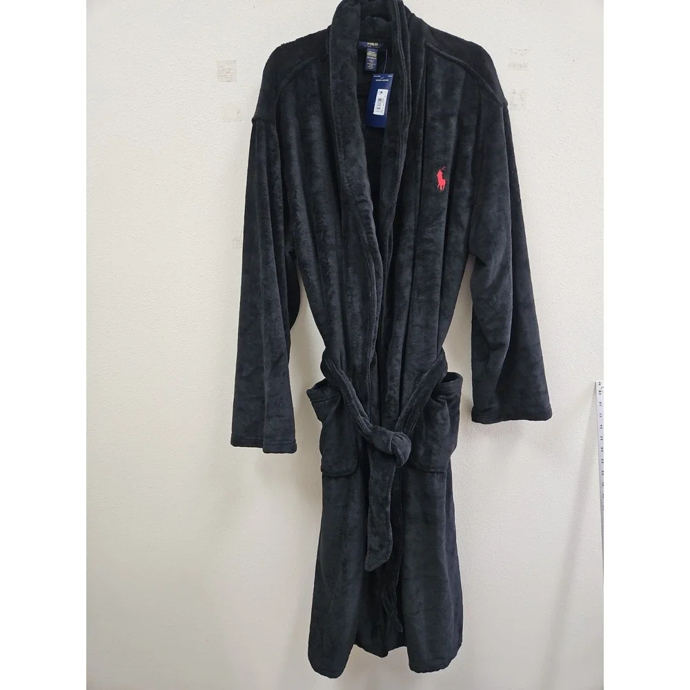RALPH LAUREN Big Polo Pony Plush Velour Bath Robe Black L/XL NWT